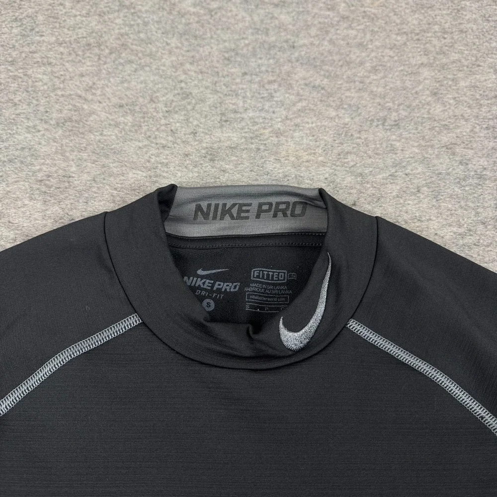 Nike Pro Combat Dri Fit Mock Neck Shirt Fitted Long Sleeve Black Mens Small S